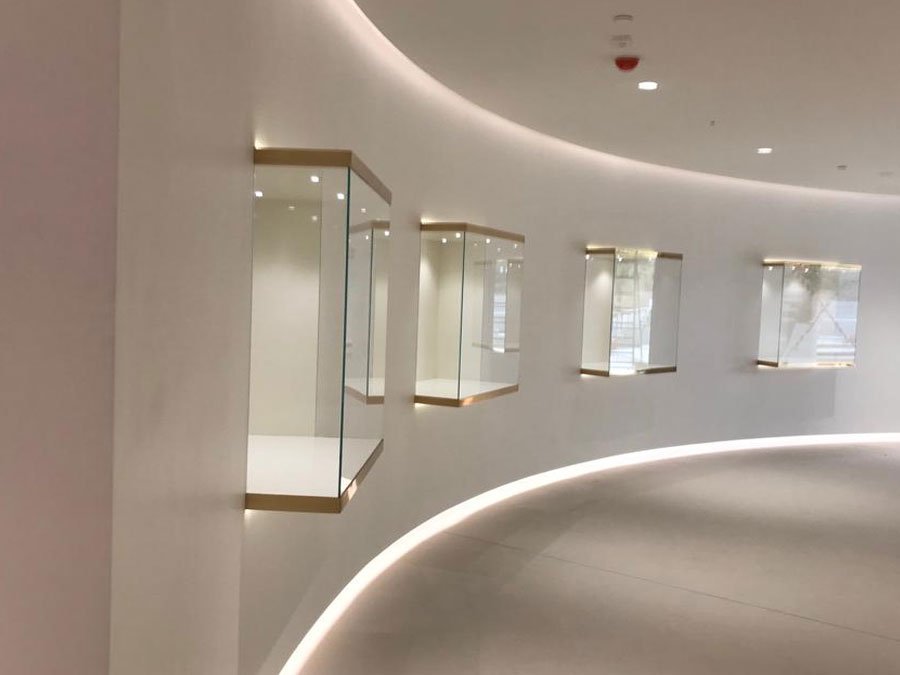 Finished interior gallery corridor with display cases